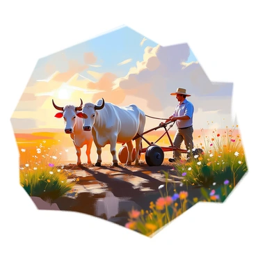 A plow being pulled by two strong oxen across a wide, open field. The farmer, wearing a straw hat and simple work clothes, is guiding the oxen with a wooden plow handle in his hands. The field is rich with dark, tilled soil, and the sun casts long shadows as it begins to set in the background. Green grass and wildflowers frame the edges of the field, and a few fluffy clouds drift in the blue sky overhead. The scene captures the essence of traditional farming, showcasing the hard work and partnership between the farmer and the animals.