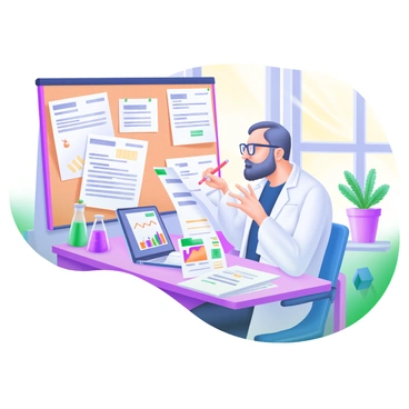 A modern pastel illustration depicting a scientist sitting at a wooden desk, intently reading critical feedback on a research paper. The scientist, a middle-aged individual wearing glasses and a lab coat, holds a red pen in one hand and gestures thoughtfully with the other. The desk is organized with stacks of papers, a laptop displaying a graph, and a few laboratory beakers filled with colorful liquids. Behind the scientist, a corkboard filled with pinned notes and diagrams showcases ongoing research. A potted plant sits on the windowsill, and sunlight streams in through the window, illuminating the workspace.