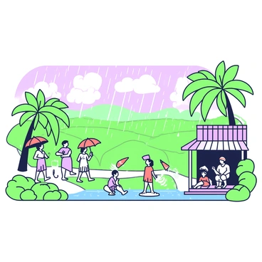 A lush landscape in Kerala during the monsoon season is depicted. The scene features green fields glistening with rainwater, interspersed with vibrant palm trees swaying gently in the breeze. In the foreground, a group of people is walking with colorful umbrellas, some laughing and splashing in puddles. Others are sitting on a porch, enjoying the coolness of the rain while sipping from cups. The sky is filled with dark clouds, and raindrops are seen falling, creating a misty atmosphere.