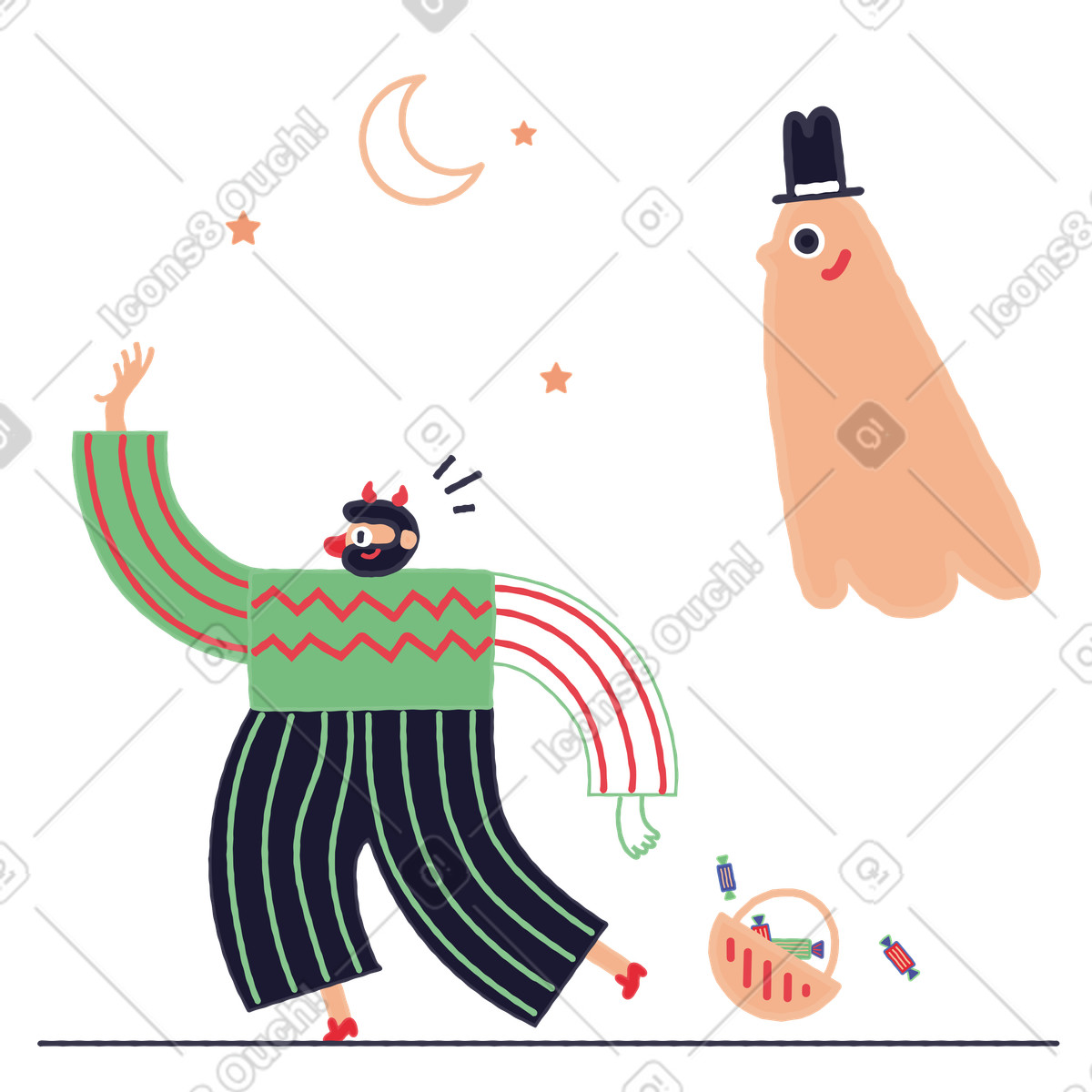 Trick-or-treating-mann rennt vor dem geist davon-Illustration im Stripy-Stil als Download in PNG, SVG
