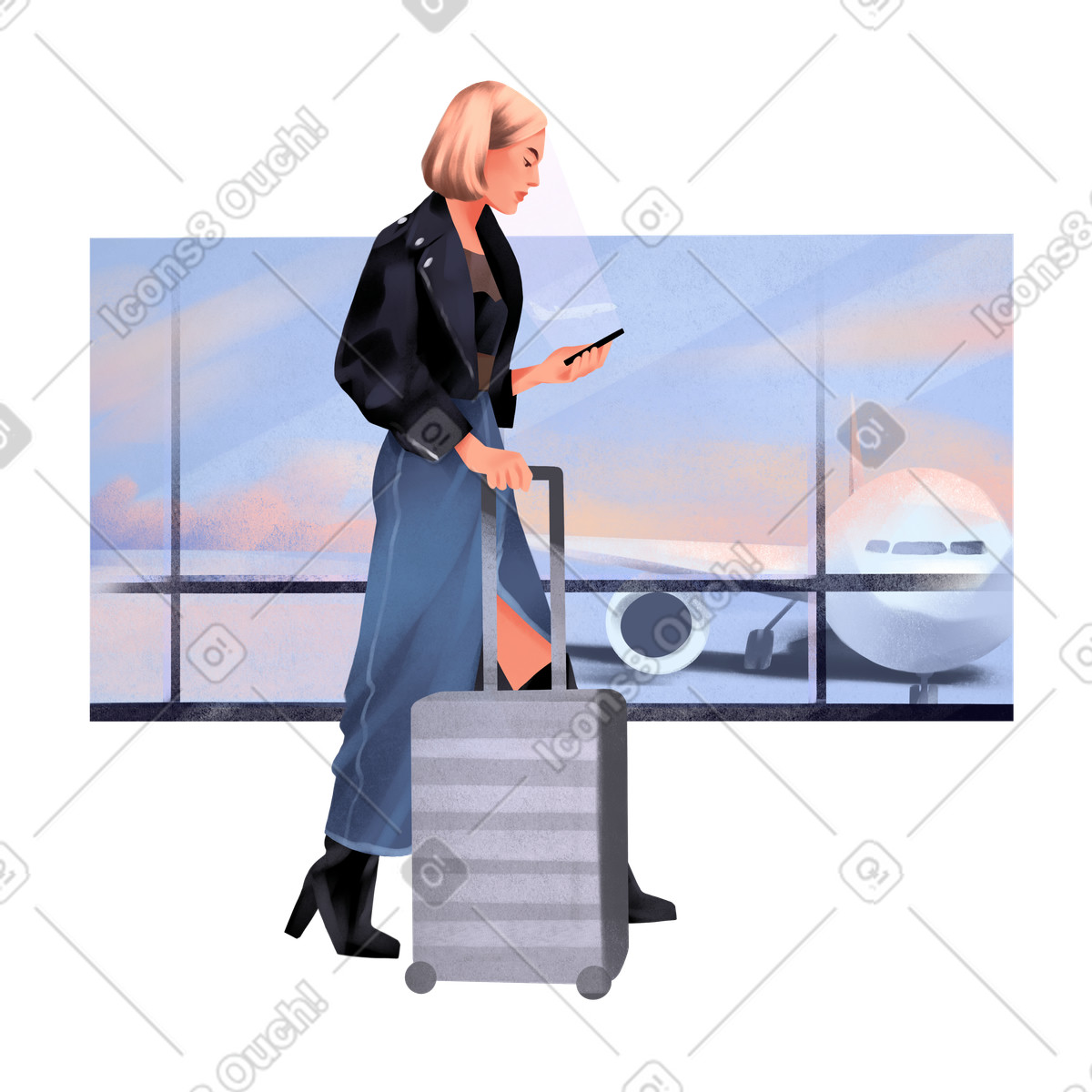 Иллюстрация Traveler with luggage checking phone in terminal, airport departure and business trip в стиле Demure — скачать в форматах PNG, SVG