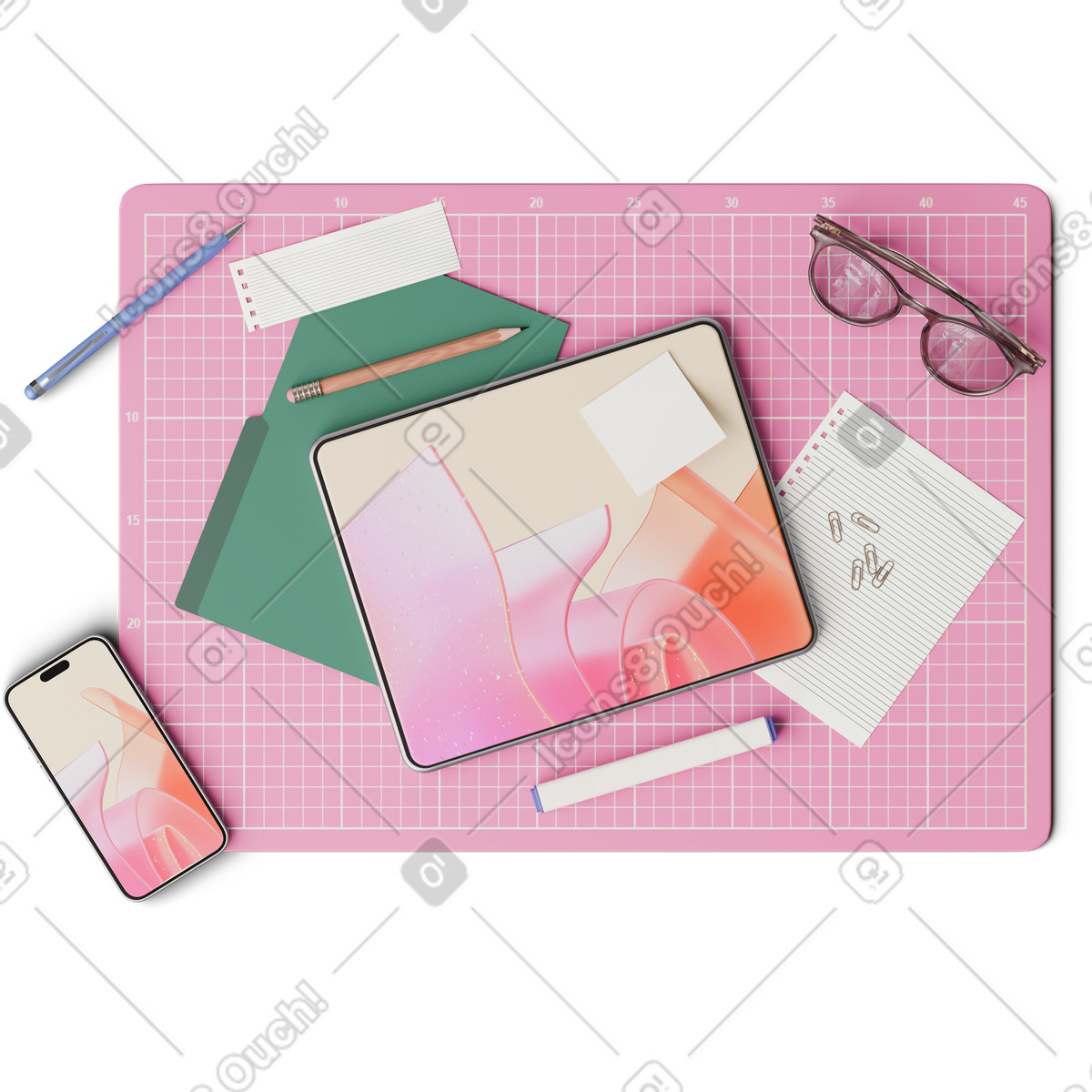 Draufsicht auf den schreibtisch mit smartphone, tablet und papieren-Illustration im 3D Hygge-Stil als Download in PNG, SVG