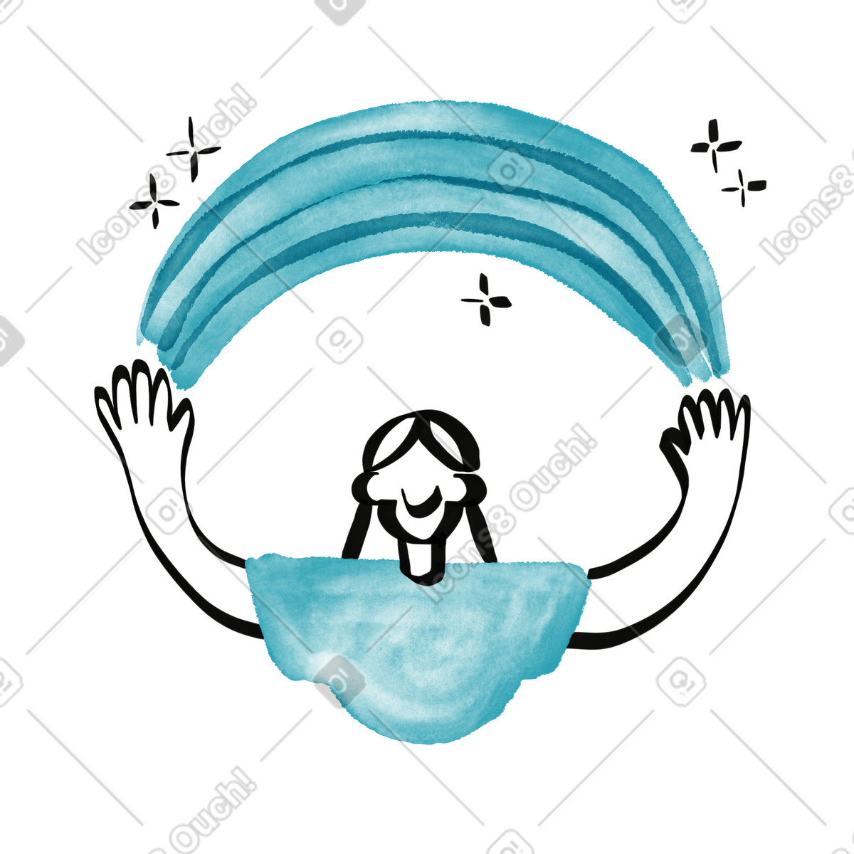 Rainbow overhead with smiling character raising hands in joyful celebration illustrazione stile Watercolor sketch scarica PNG, SVG