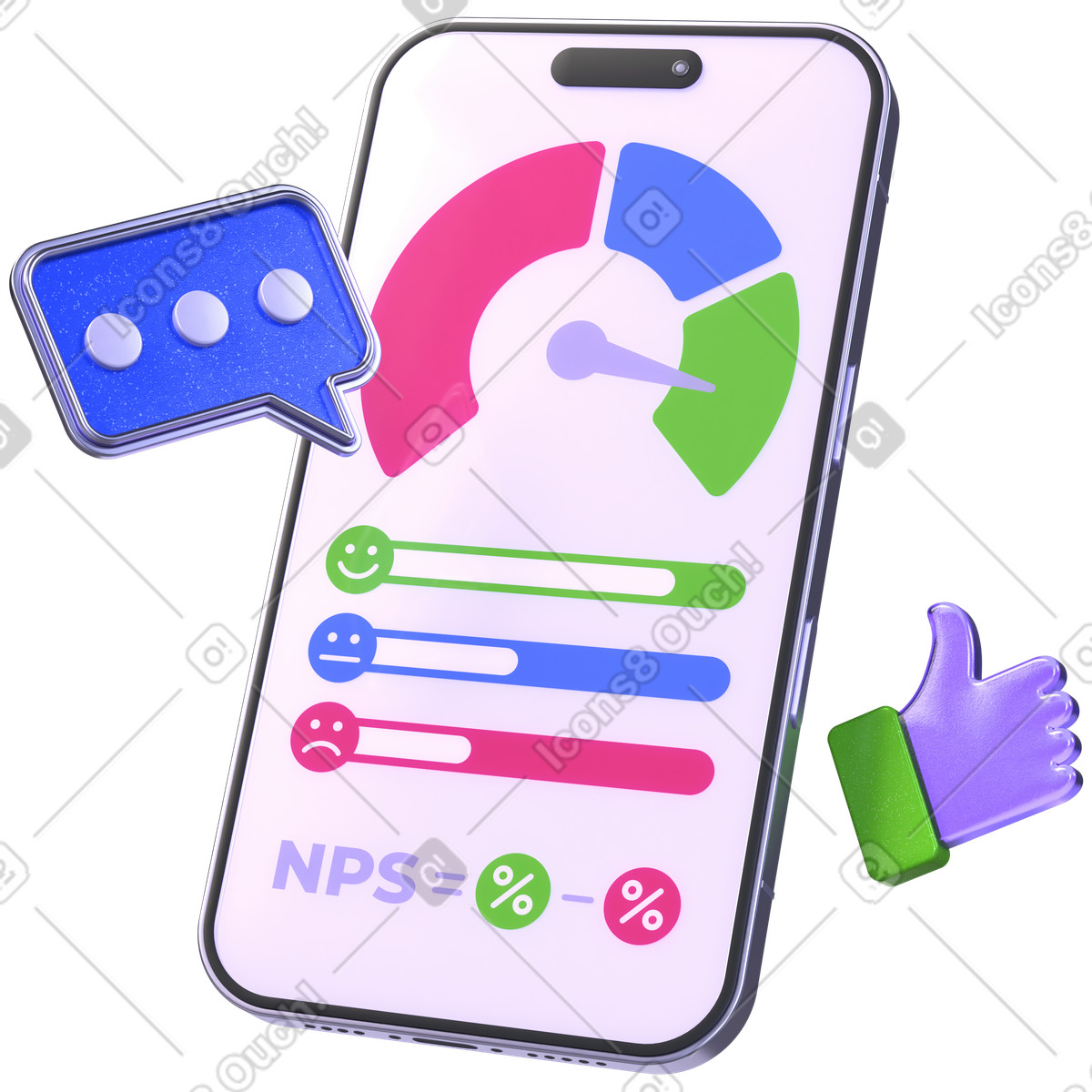 Smartphone con risultati di sondaggi nps, feedback aziendali e monitoraggio delle recensioni, analisi della soddisfazione del cliente illustrazione in stile 3D Boost scarica in PNG, SVG