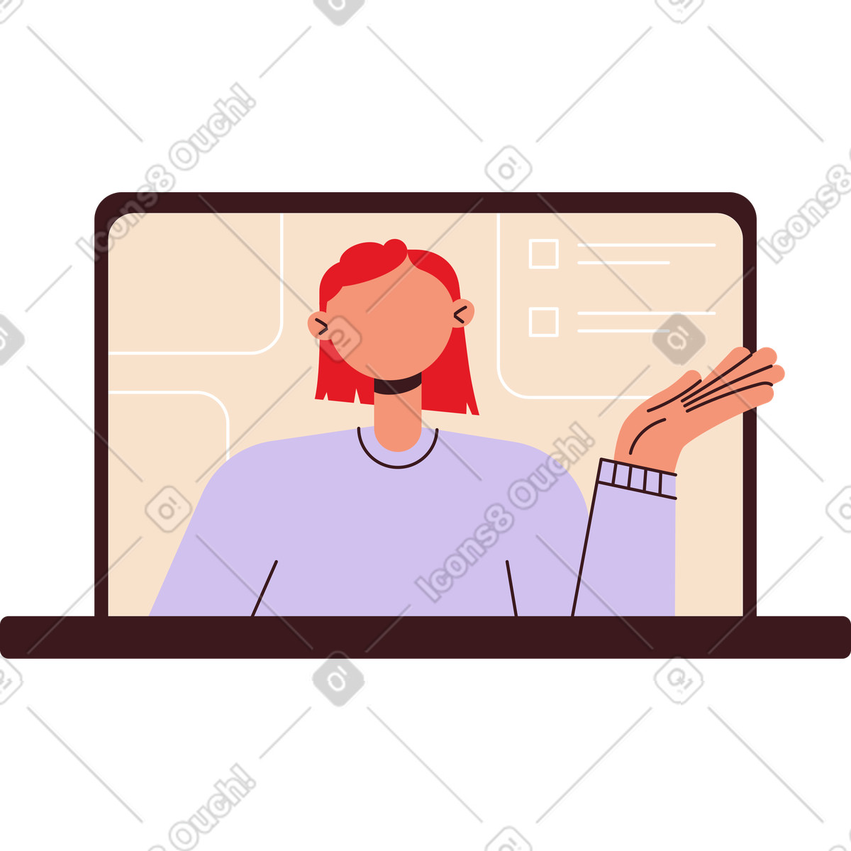 Junge frau, die vom laptop winkt-Illustration im Folks-Stil als Download in PNG, SVG