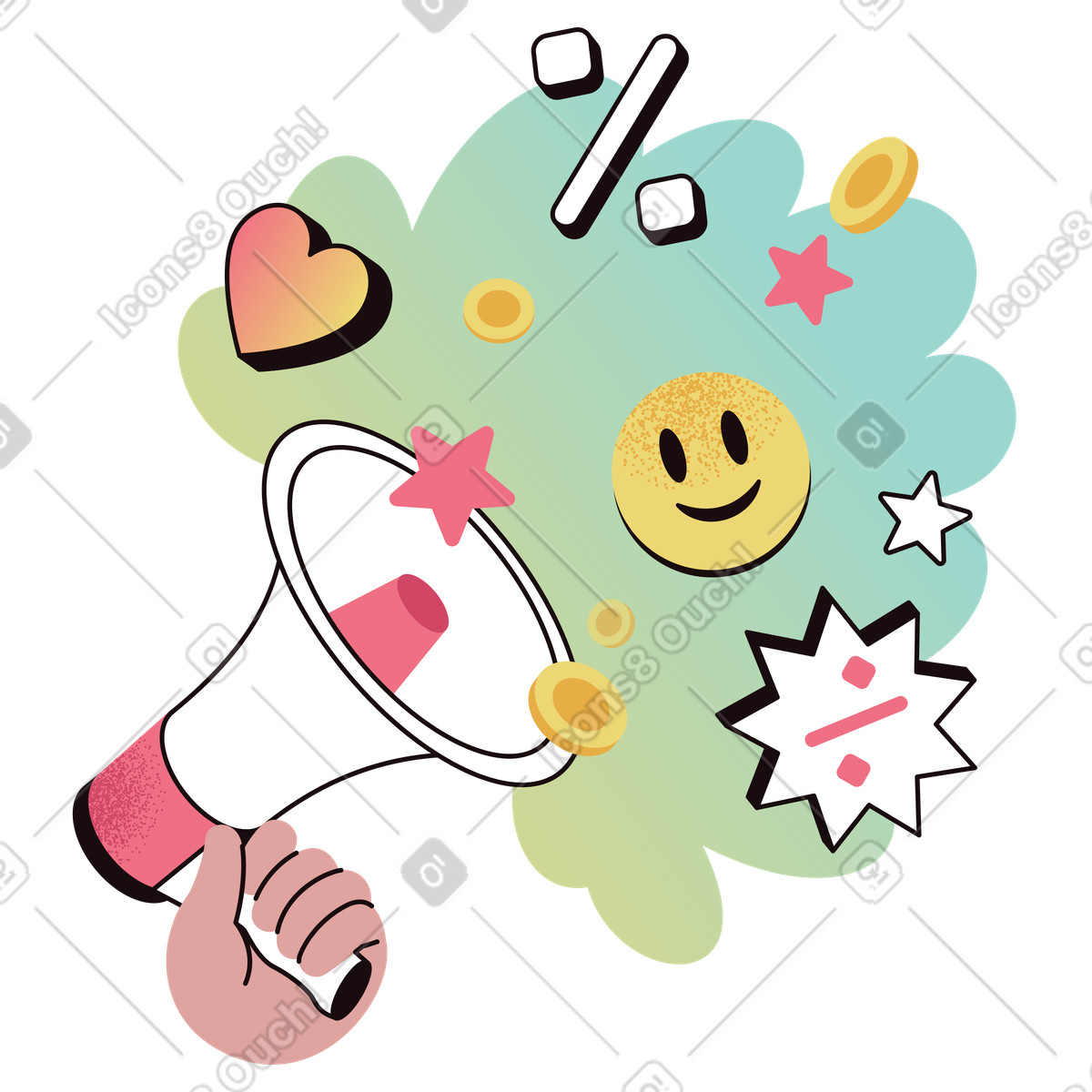 Ilustración Hand holding megaphone with marketing icons, Promotion and advertising en estilo Delight a descargar en PNG y SVG
