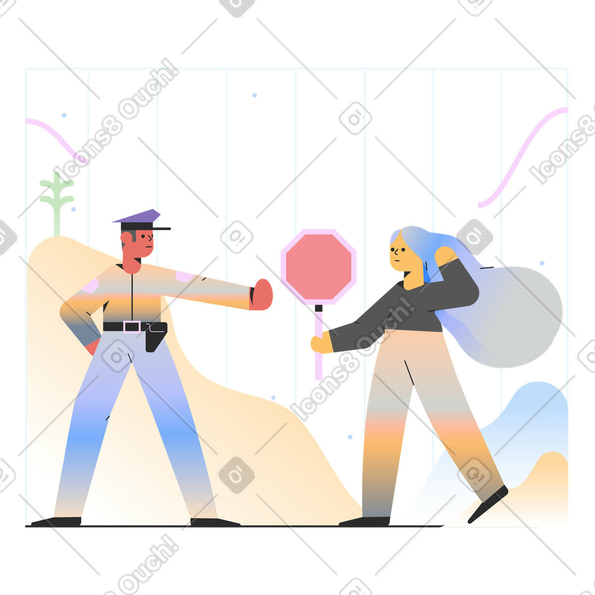 Ilustración Oficial de policía detiene a una mujer que protesta con un cartel en estilo Marginalia descargar en PNG y SVG