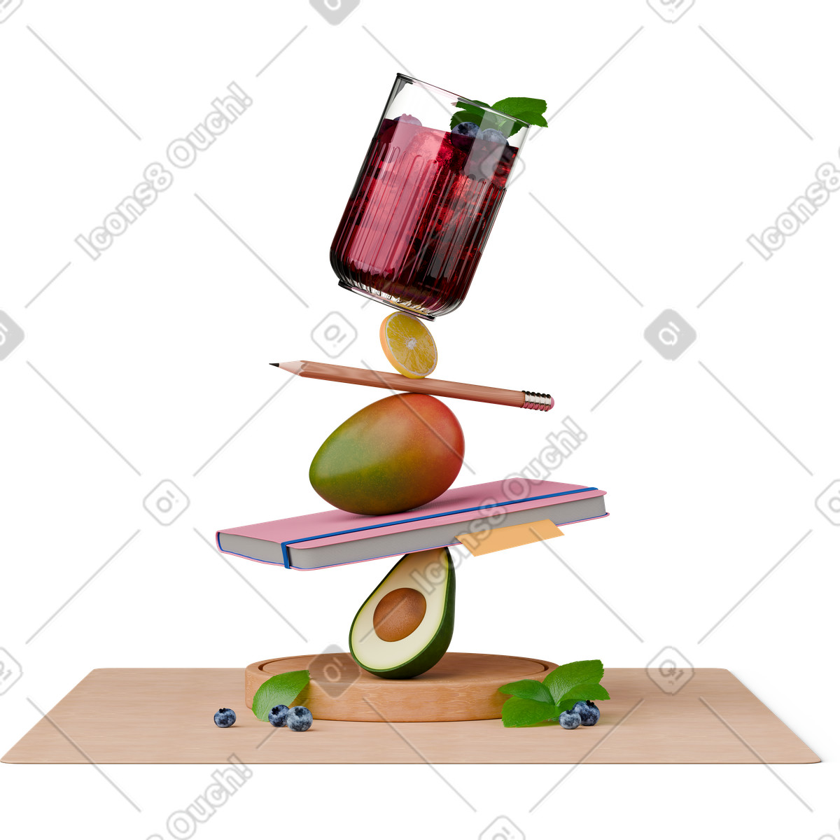 Ilustración animada Pyramid made of fruits and recipes notebook en estilo 3D Hygge a descargar en GIF, Lottie (JSON), AE