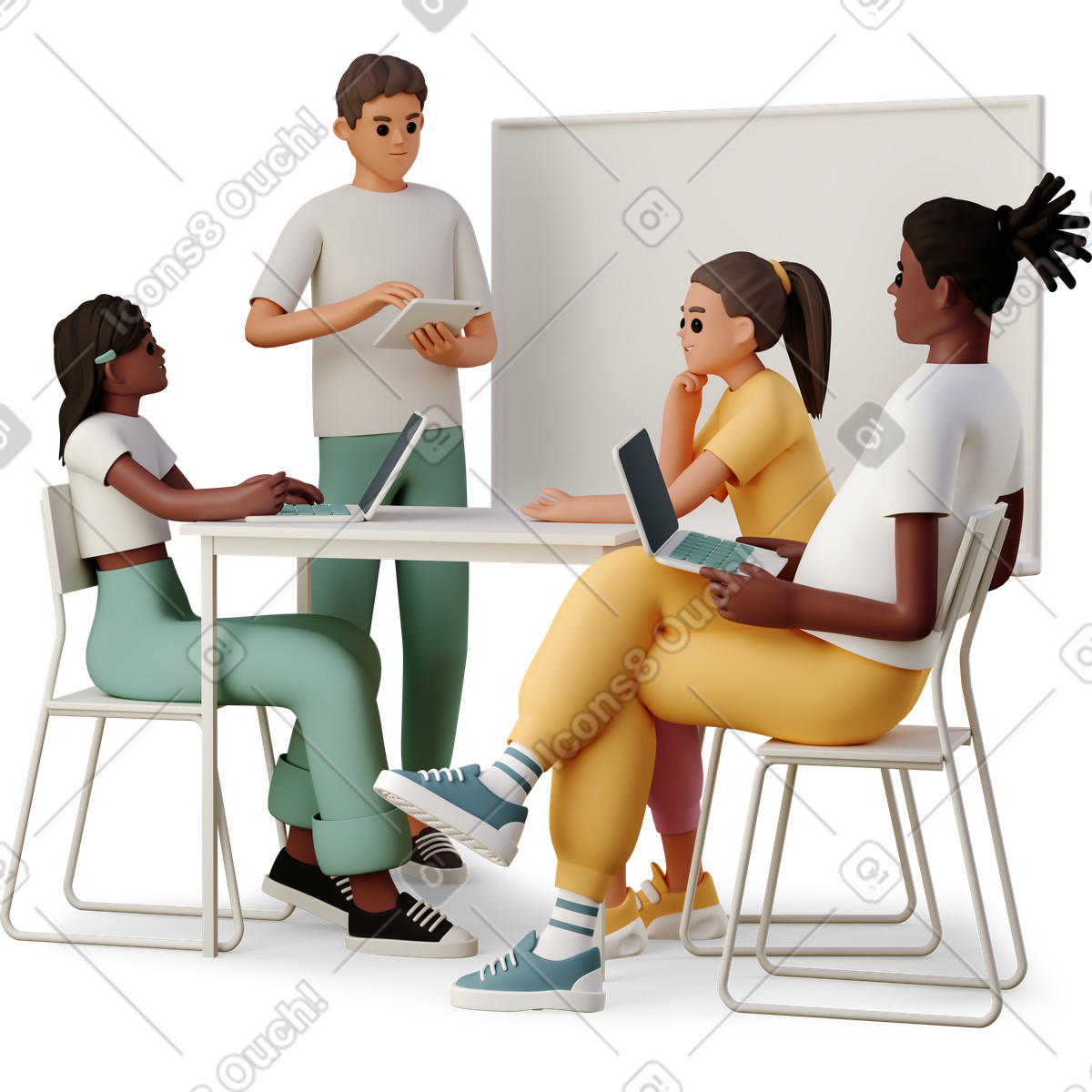 3D Casual life 스타일의 Group of young people discussing something while working 일러스트레이션 PNG, SVG 다운로드