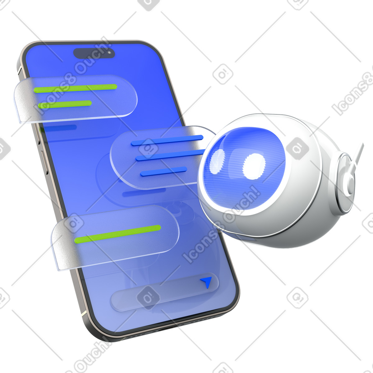 Messaging bubbles with chatbot and phone, AI-powered online help desk illustration in 3D Enterprise style download in PNG, SVG