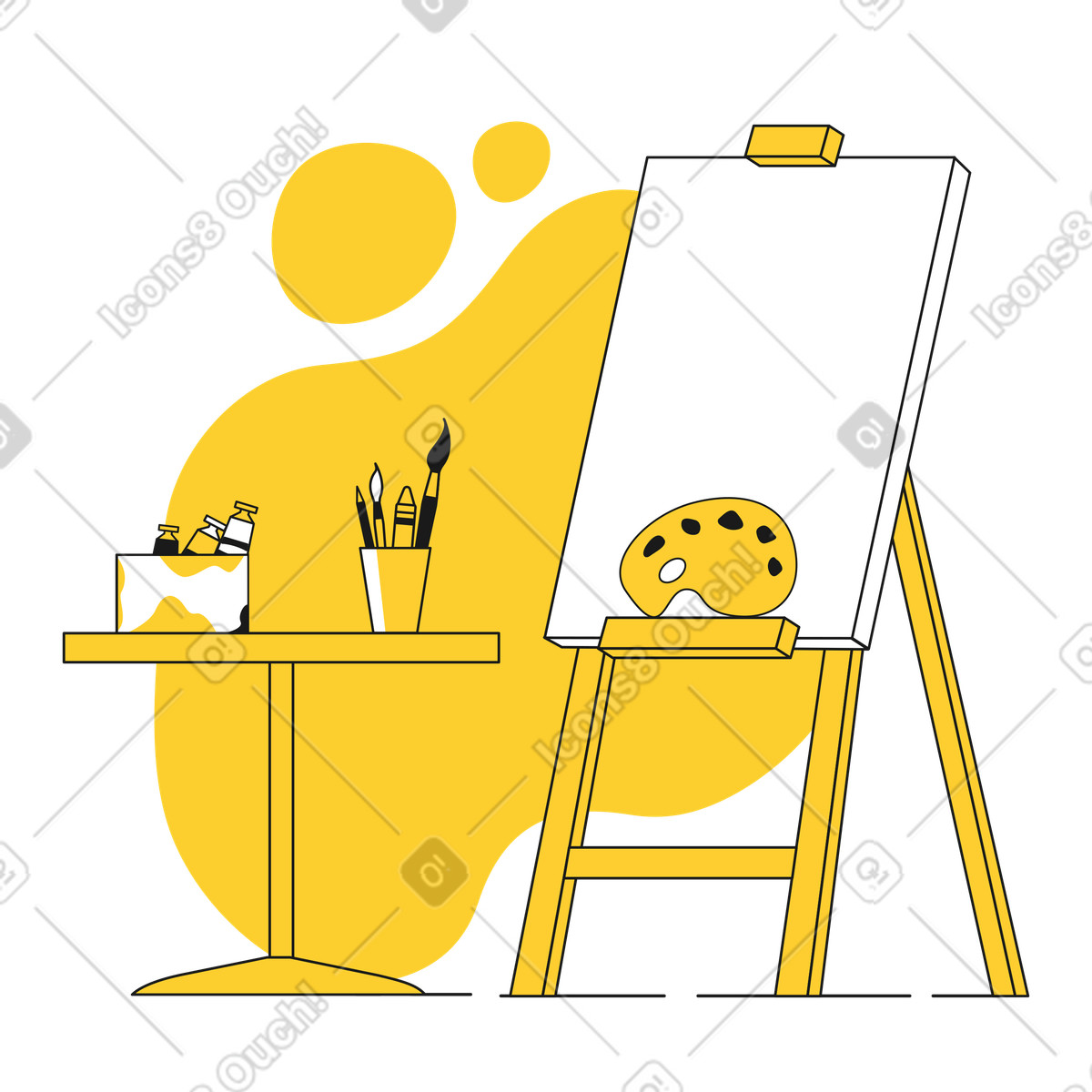 Ilustração de Material pintura com pincéis, tintas e tela no cavalete em estilo Taxi para baixar em PNG, SVG