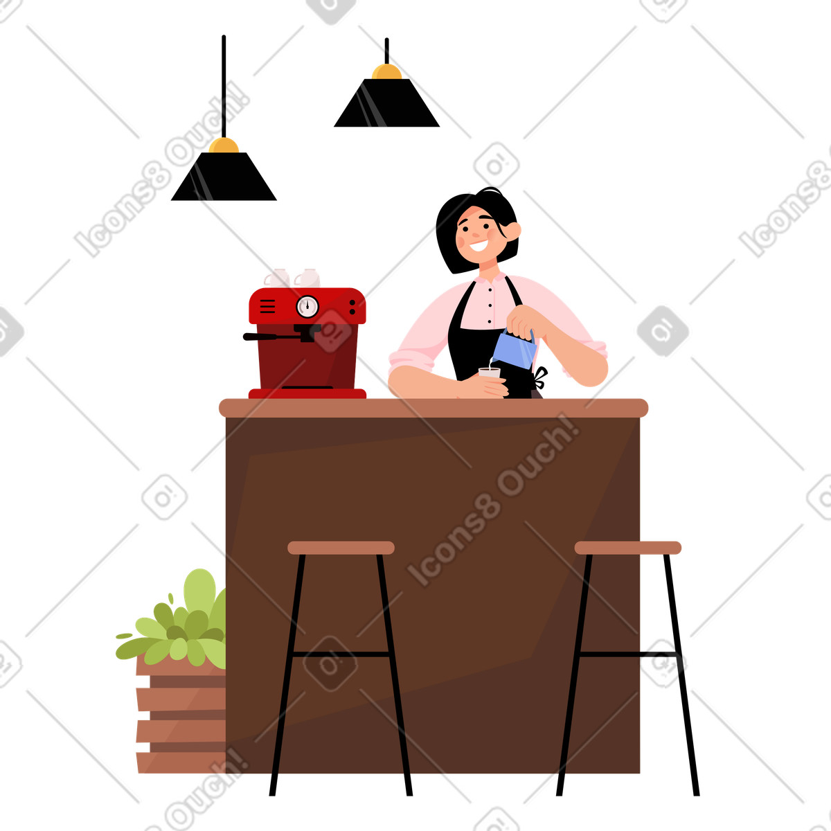 Lagom 스타일의 커피를 만드는 바리스타 소녀 일러스트레이션 PNG, SVG 다운로드