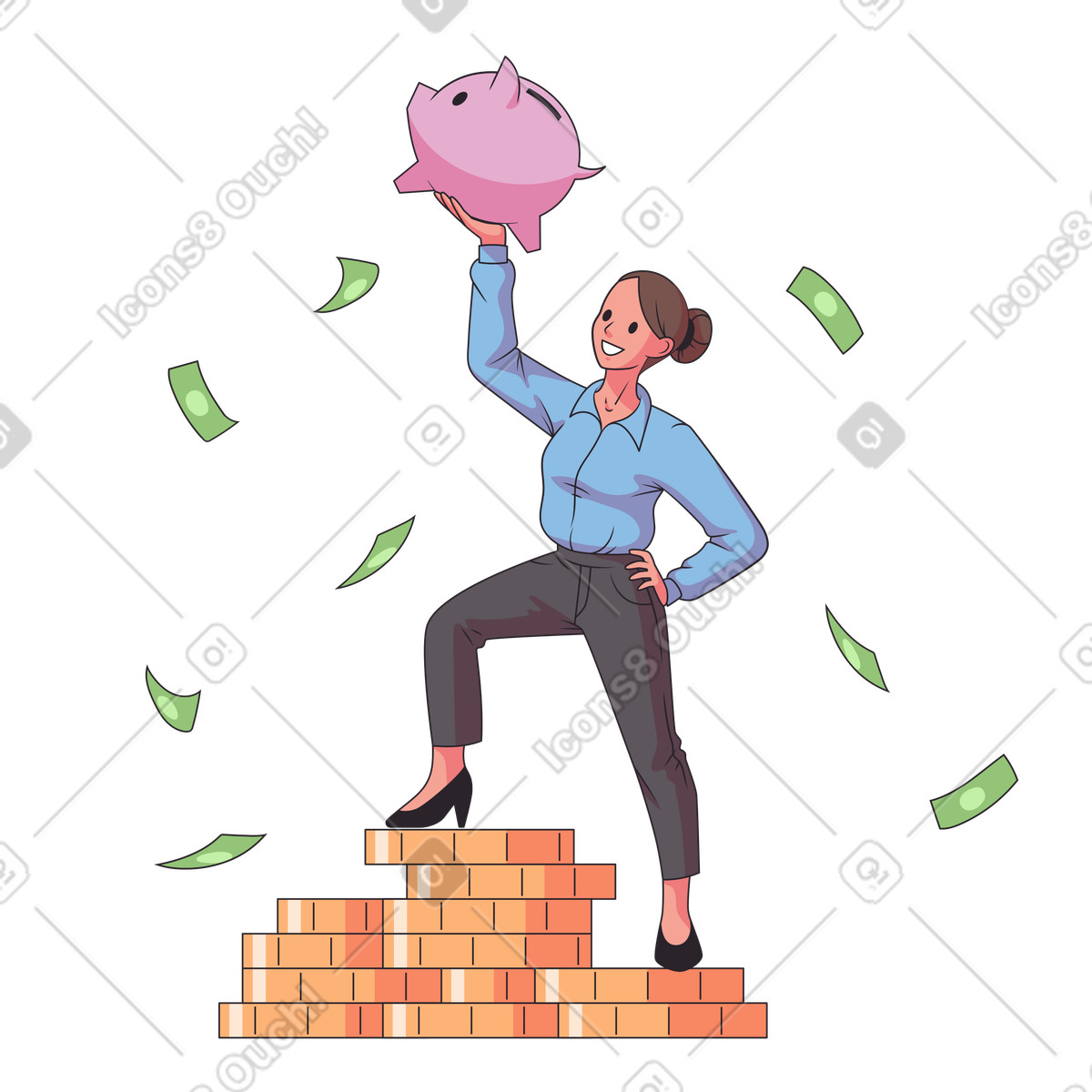 Eastwood スタイルの 貯金箱を持ち、コインの山の上に立っている女性 のイラストをPNG、SVG形式でダウンロード