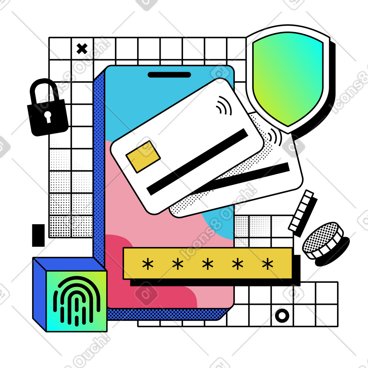 Sicurezza bancaria online con verifica della password illustrazione in stile Memphis scarica in PNG, SVG