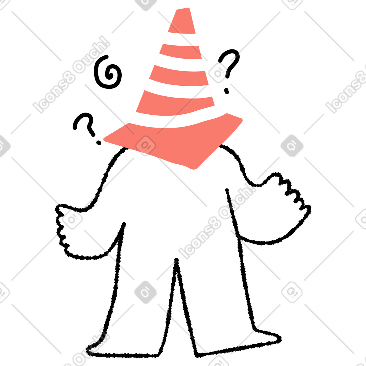 Cone head character confused with question marks around body illustrazione in stile Bold People scarica in PNG, SVG