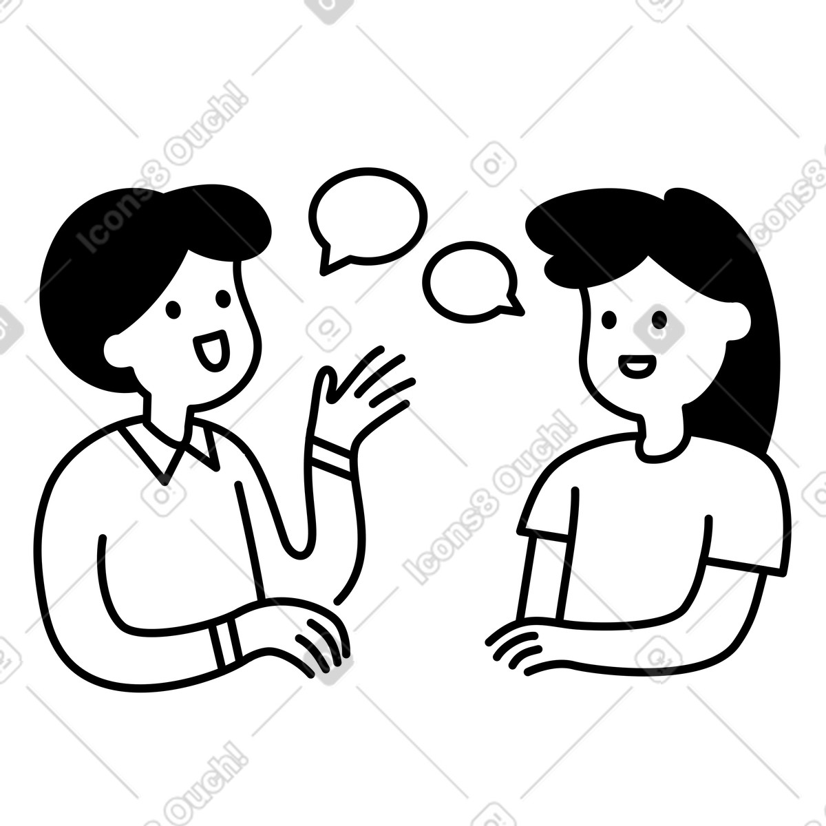 Notion Line Art スタイルの Discussion between colleagues with gestures and talking speech bubbles のイラストをPNG、SVG形式でダウンロード