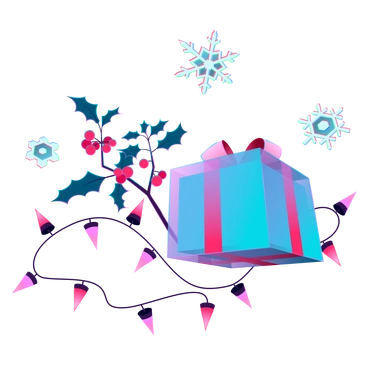 A gift box with holiday decorations - Neon style illustration