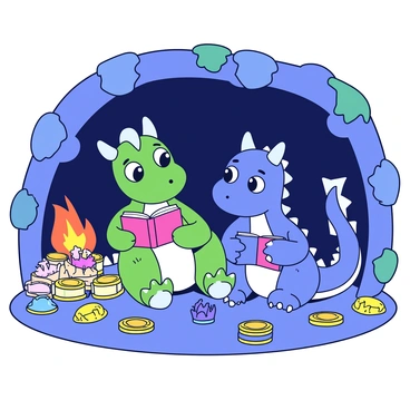 Two friendly dragons sit comfortably inside a cozy cave. One dragon has green scales and large, expressive eyes, while the other has blue scales with small, playful spikes along its back. They are both holding books, engrossed in their reading. The cave is dimly lit, with soft glimmers of light reflecting off piles of scattered treasures, including shiny gold coins, colorful gemstones, and delicate crowns. The walls of the cave are rough and rocky, adorned with patches of moss. A small fire crackles softly to one side, casting a warm glow across the scene.