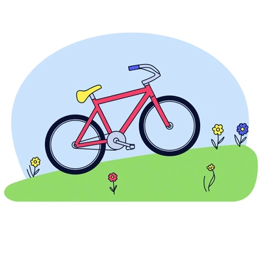 A bicycle with a bright red frame is rapidly descending a grassy hill. The wheels are in motion, appearing blurred to convey speed. The handlebars are turned slightly to the right, indicating a curve in the path. The sun casts a warm glow, highlighting the bicycle's shiny chrome details. Surrounding the hill are a few scattered wildflowers adding pops of color against the green grass. In the background, a clear blue sky stretches overhead.
