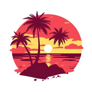 A tropical island with palm trees silhouetted against a vibrant sunset