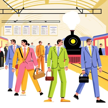 A busy train station from the 1970s filled with travelers. Several people are wearing colorful polyester suits in different patterns, showcasing the fashion of the era. They carry various leather bags in their hands and on their shoulders. The station features a large wooden ticket counter and vintage train schedules displayed on a wall. Train tracks are visible with a classic steam locomotive pulling into the station, releasing a plume of white steam. The atmosphere is lively, with passengers chatting and moving about as they wait for their trains.
