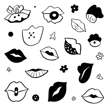 An array of lips displayed in different shapes and positions, each one featuring distinct decorations like flowers, jewels, and patterns. The lips are shown in various orientations, some slightly open and some pressed together. The background is filled with abstract designs to enhance the composition.