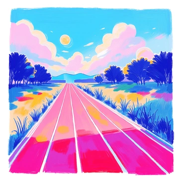 An empty running track stretches out under a cloudy sky illuminated by the soft glow of the moon. The track is composed of red asphalt, with white lane markings clearly visible. Surrounding the track, green grass lines the edges, slightly bent by a gentle breeze. The moon hangs low in the sky, partially obscured by soft, gray clouds. The atmosphere is quiet and still, emphasizing the solitude of the scene. Shadows cast by the moonlight create a subtle play of light and dark on the track surface.