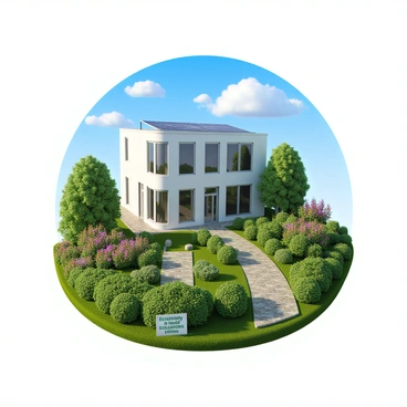 A two-story eco-friendly business building with a modern design, featuring large windows and a clean, white exterior. The roof is covered with solar panels, gleaming under the sunlight. In the foreground, there is a vibrant green garden filled with a variety of plants, including colorful flowers and leafy bushes. Pathways made of stone wind through the garden, leading to the entrance of the building. A small sign near the entrance reads "Eco-Friendly Solutions" in clear lettering. The sky is bright blue with a few fluffy clouds.