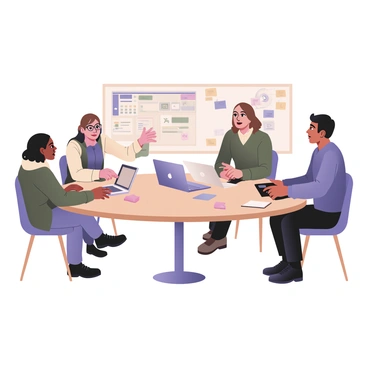 A digital flat illustration showing a software development meeting in progress. A round table is set in the center with a diverse group of four people discussing ideas. On the left, a man with dark skin and glasses is pointing at a laptop displaying a software interface. Next to him, a woman with light skin and shoulder-length brown hair is taking notes on a notepad. On the opposite side of the table, a woman with medium skin and curly hair is gesturing with her right hand, expressing her thoughts. A man with medium skin and a beard is listening attentively, leaning forward with a laptop open in front of him. Sticky notes with various colors and symbols are scattered across the table, indicating brainstorming and feedback. A whiteboard in the background features charts and diagrams related to the project.