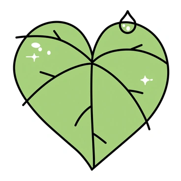 A close-up of a "heart-shaped green leaf" positioned prominently in the center of the image. The leaf displays a rich green color with vibrant veins. "Morning dew droplets" are glistening on the surface of the leaf, each droplet reflecting light and creating a sparkling effect. The texture of the leaf is detailed, showcasing its smoothness surrounding the droplets. The background is softly blurred to enhance the focus on the leaf.