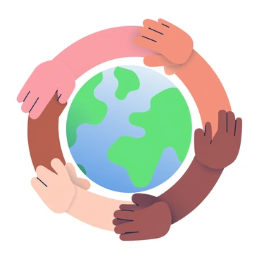 A diverse group of hands with various skin tones is forming a circle around a globe. Each hand is positioned in a way that emphasizes unity and collaboration. The globe is depicted with bright blue oceans and vibrant green continents. The hands are varied in size and shape, showcasing a range of ages and ethnic backgrounds. The background is softly blended, enhancing the focus on the hands and the globe in the center.