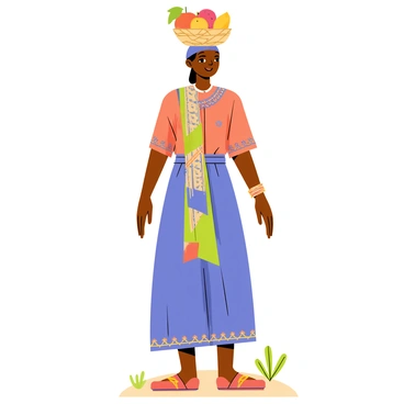 A woman wearing colorful Sahelian attire including a flowing blue and orange dress with intricate patterns. She has a traditional scarf wrapped around her hair. On her head, she balances a woven basket filled with various fruits. The woman stands confidently with a warm smile, and the background features hints of a sandy landscape with sparse vegetation.