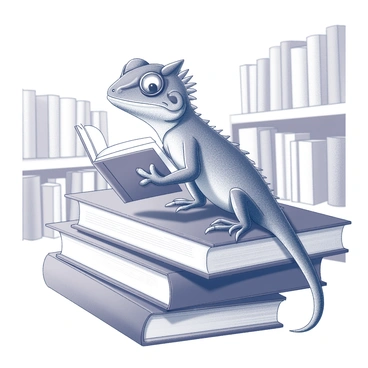 A crested gecko perched on a stack of books. The gecko has distinctive crests along its back and is wearing tiny glasses that rest on its snout. It is intently reading a small, open book held in its front paws. The background features more bookshelves filled with various books, creating a scholarly atmosphere. The lighting casts soft shadows, enhancing the focused expression of the gecko as it studies the text.