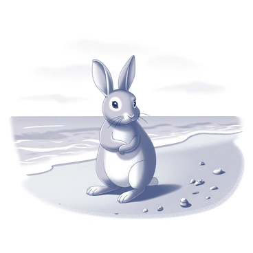 A curious hare is standing on a sandy beach. The hare has large, attentive ears and a soft, textured coat. It is positioned on its hind legs, with its front paws slightly raised, observing the gentle waves lapping at the shore. The background shows a stretch of sand with scattered seashells and small pebbles. The sky above contains wispy clouds, and the waves create a subtle foamy edge as they reach the sand.