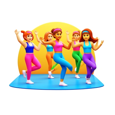 A group of people performing jumping jacks in a retro aerobics scene. Each participant is wearing colorful workout attire, including neon leggings and tank tops. The background features a bright, cheerful environment with geometric patterns. The individuals display energetic expressions while engaging in the exercise. Their hair is styled in typical 80s fashion, including headbands and high ponytails. The overall composition captures the dynamic movement of the aerobics routine.