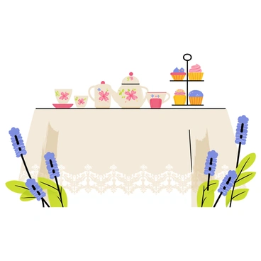 A charming tea party setup featuring a round wooden table covered with a white lace tablecloth. On the table, there are delicate porcelain tea cups with floral patterns and a matching teapot, all arranged neatly. A three-tiered cake stand displays an assortment of colorful pastries and cupcakes, each adorned with intricate icing designs. Surrounding the table are bluebonnet flowers with vibrant blue petals, creating a lively border. Lush green leaves and small bushes provide a natural backdrop, adding to the enchanting atmosphere of the scene.