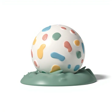 A white golf ball resting on a green grass surface. The ball is covered in various colorful paint splatters, including shades of red, blue, yellow, and green, creating a vibrant and artistic effect. The sunlight reflects off the smooth, glossy surface of the ball, highlighting the colors and patterns of the paint splatters.