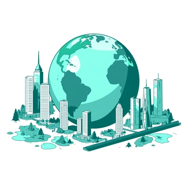 A teal globe is placed at the center of the image, showcasing detailed maps of continents and oceans. Surrounding the globe are miniature skyscrapers in various heights, each designed with intricate features like windows and antennas. These skyscrapers are in shades of white, creating a stark contrast against the globe. In addition to the skyscrapers, there are small cityscapes with parks, roads, and tiny vehicles weaving between the buildings, enhancing the representation of urban life. The entire scene is arranged to give a sense of bustling city activity around the globe.