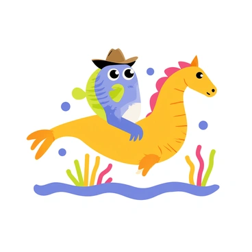 A cartoon fish with vibrant scales in shades of blue and green is wearing a brown cowboy hat. The fish has large, expressive eyes and a wide smile, showcasing its playful nature. It is riding a whimsical seahorse that is bright orange with a curly tail and delicate fins. Bubbles are floating around them in the water, adding a sense of movement to the scene. The background features waving seaweed and colorful coral, creating a lively underwater environment.