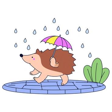 A cute hedgehog with short spines is walking on a cobblestone path. It is holding a small, colorful umbrella that is slightly tilted due to the light wind. Raindrops are falling from the sky, creating small splashes on the ground. The background features soft, blurred greenery suggesting a garden setting.
