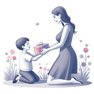 A child kneeling in a garden, holding out a handmade gift wrapped in colorful paper. The child has a joyful expression on their face, eager to present the gift. The mother stands in front of the child, looking surprised and delighted, with her arms open as if to embrace her child. Surrounding them are vibrant flowers of various shapes and sizes, and a few butterflies fluttering nearby. The sun casts soft shadows on the ground, enhancing the warmth of the scene.