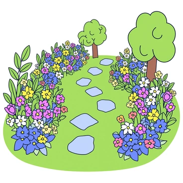 A lush garden filled with a variety of colorful flowers, including daisies, sunflowers, and roses, surrounded by vibrant green foliage. There are several leafy shrubs and small trees scattered throughout the garden, creating a dense and tranquil atmosphere. The ground is covered with soft green grass, providing a natural carpet for the scene. In the center of the garden is a small stone pathway that winds through the flowers, inviting exploration. The sunlight filters through the leaves, casting gentle shadows across the vibrant flowers.