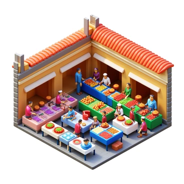 A 3D icon of an old town market featuring numerous stalls filled with colorful goods. Vendors are actively interacting with customers, showcasing vibrant fruits, vegetables, and handmade crafts. The scene includes various types of goods, such as textiles, pottery, and local delicacies, arranged attractively on tables. The market is set against a backdrop of historic buildings with unique architectural details.