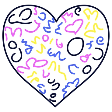 A heart shape is formed using a variety of chaotic scribbles and doodles. The heart is filled with overlapping lines, swirls, and random shapes. Different colors of ink are used, creating a vibrant and dynamic appearance. The overall outline of the heart remains clear despite the intricate internal patterns.