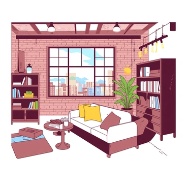A large loft-style chambre features exposed brick walls and industrial decor, including metal light fixtures and wooden furniture with a rustic finish. The room is filled with natural light streaming in through a large window, which provides a view of a bustling city street below. A comfortable sofa is positioned near the window, adorned with colorful cushions. On one side of the room, a tall bookshelf holds various books and decorative items, while a small table with a potted plant sits nearby, adding a touch of greenery to the industrial aesthetic.