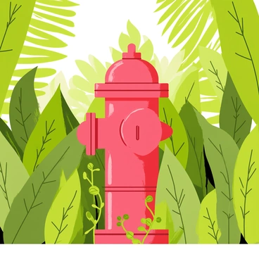 A bright red fire hydrant is partially hidden amongst dense green jungle foliage. Large, broad leaves in various shades of green surround the hydrant, creating a lush backdrop. Vines and small plants intertwine around the base of the hydrant, adding to the natural camouflage. Sunlight filters through the canopy above, casting dappled light on the hydrant and surrounding plants, highlighting the contrast between the vibrant red and the deep greens of the jungle.