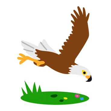 An eagle with a striking brown and white plumage is diving at high speed towards its target below. Its wings are fully extended, showcasing the powerful muscles, while its sharp talons are poised for the catch. The eagle's keen yellow eyes are focused intently on the target, reflecting determination. Below, a lush green landscape is visible, punctuated by patches of colorful wildflowers. The scene captures the intense moment just before the eagle makes contact with its prey.