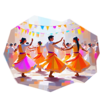 A diverse group of individuals from various castes is performing a traditional dance during a vibrant festival. The dancers are wearing colorful, ornate costumes that reflect their cultural heritage. Each dancer is in a dynamic pose, showcasing their movements and expressions. In the background, festive decorations such as strings of lights and banners are visible, creating a lively atmosphere. The scene captures the energy and unity of the group as they celebrate their traditions together.