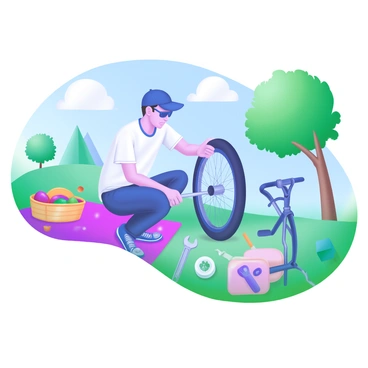 A person crouching down to fix a bike tire, focused on the task at hand. The individual is wearing a casual outfit, with a cap and sunglasses. Various tools are scattered around, including a wrench, a tire lever, and a patch kit. In the background, there are lush green trees and a vibrant blue sky, creating a lively park atmosphere. A picnic blanket can be seen nearby, with a basket and some colorful fruits on it.