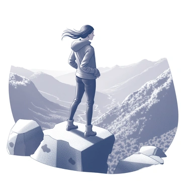 A strong woman stands confidently on a mountain peak. She is wearing a fitted outdoor jacket and sturdy hiking boots, her hair blowing gently in the mountain breeze. The landscape surrounding her features rugged rocky outcrops and a panoramic view of a sprawling valley below. The valley is filled with trees and meandering trails, creating a sense of depth and vastness. The sky above is clear, allowing the sunlight to illuminate her figure and the terrain. The scene captures the essence of empowerment and connection with nature.